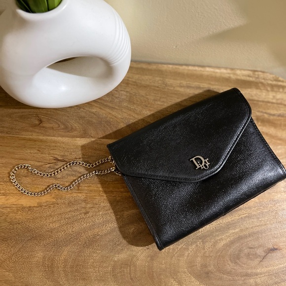 AUTH VINTAGE RARE DIOR BLACK LEATHER MINI FLAP BAG & GOLD ORIGINAL CHAIN - Picture 9 of 17